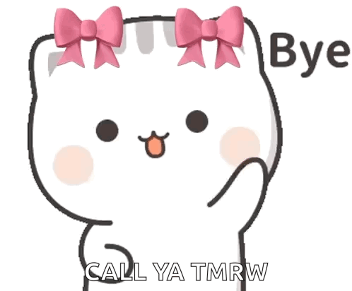 A white sticker cat with pink bows waves goodbye beside the word “Bye”.