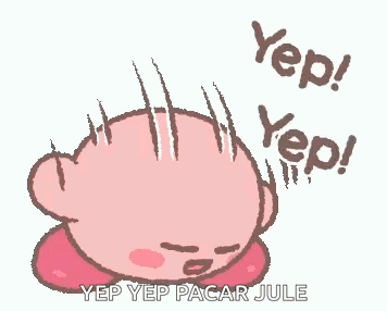 A pink Kirby character bounces with “Yep! Yep! Yep!” text.
