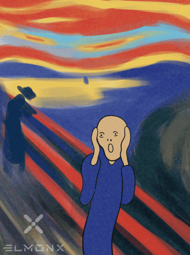 a cartoon drawing of a man covering his ears with the word elmonx on the bottom right