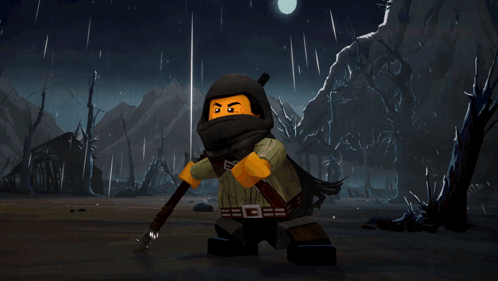 a lego ninjago character is standing in front of a fire