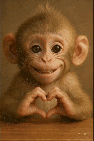 A baby monkey makes a heart shape with its hands.