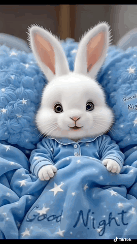 A white bunny sits among blue clouds beneath “Good Night.”