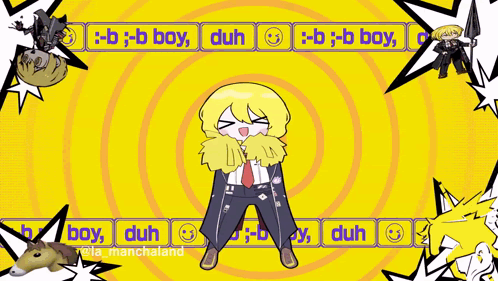 Don Quixote from Limbus Company stands against a yellow patterned background with “DUH”.