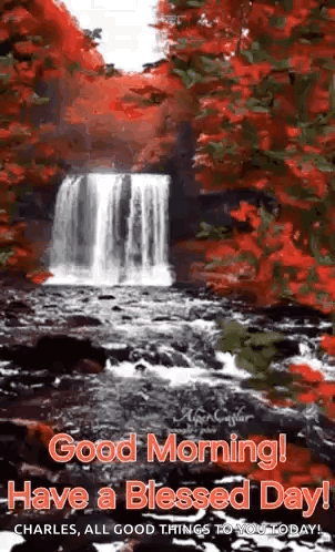 a waterfall in the middle of a forest with red leaves and trees .