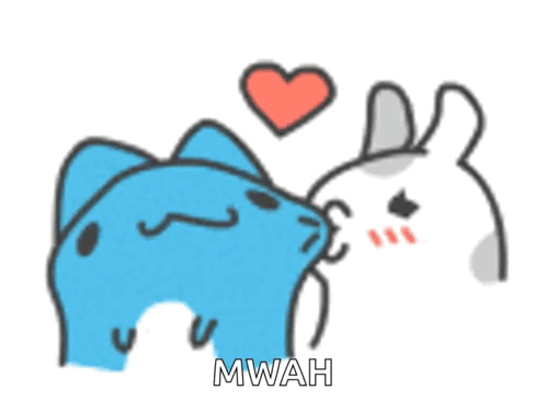 A blue cartoon cat kisses a white rabbit with a heart above them.