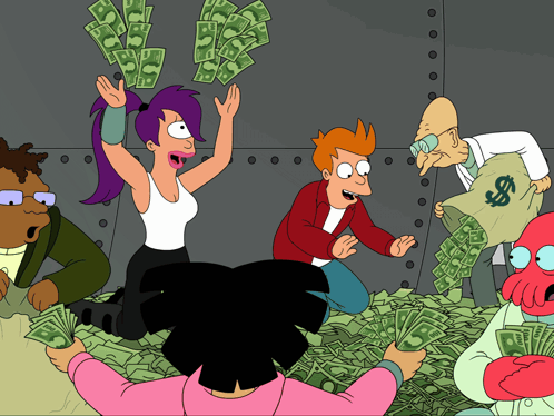a group of cartoon characters are gathered around a pile of money with one of them holding a bag with a dollar sign on it