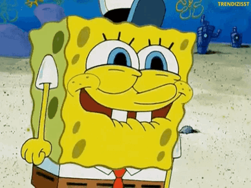 SpongeBob smiles eagerly with wide eyes.