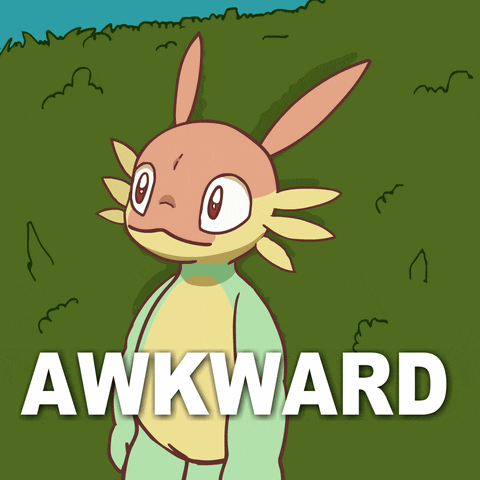 A cartoon axolotl-like character stands in grass under the word “AWKWARD.”