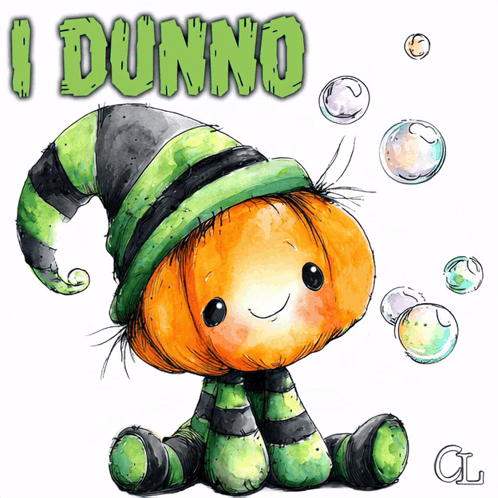 a cartoon drawing of a pumpkin wearing a green and black hat and scarf with the words i dunno above it