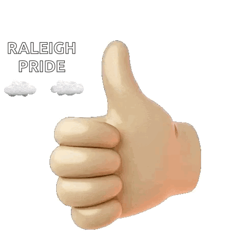 a hand giving a thumbs up next to a rainbow with the words raleigh pride on it