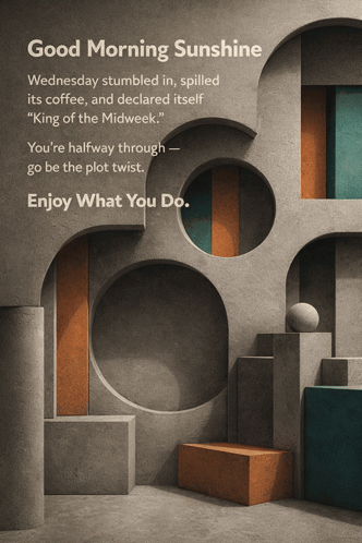 a poster that says good morning sunshine wednesday stumbled in spiled its coffee and declared itself " king of the midweek "