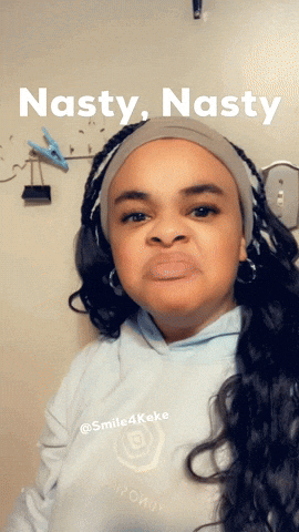 A woman points at the camera while text says “Nasty. Nasty.”
