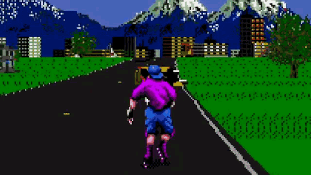 a man in a pink shirt and blue shorts is riding a bike down a road