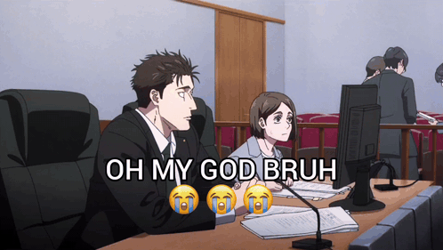 A Jujutsu Kaisen manga panel shows characters at desks under “OH MY GOD BRUH.”