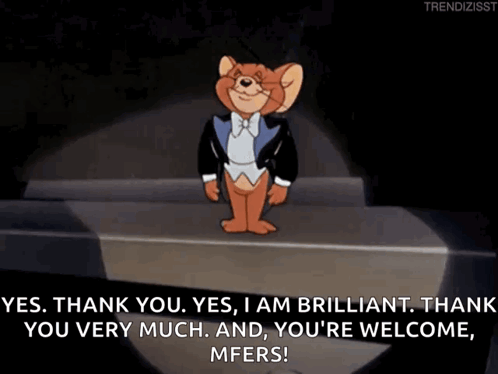 Jerry from Tom and Jerry wears a tuxedo and takes a formal bow onstage.