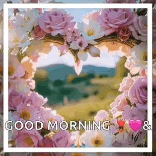 Pink flowers form a heart-shaped frame around “GOOD MORNING.”