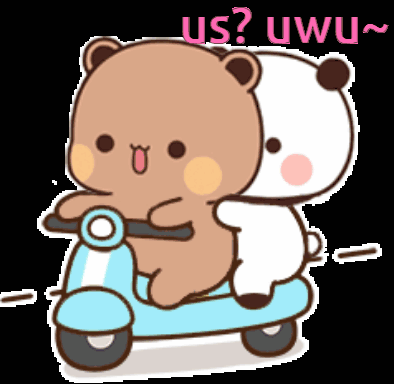Two cartoon bears ride together on a blue scooter under “US? UWU.”