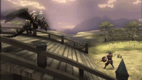 a video game scene with a dragon and a knight
