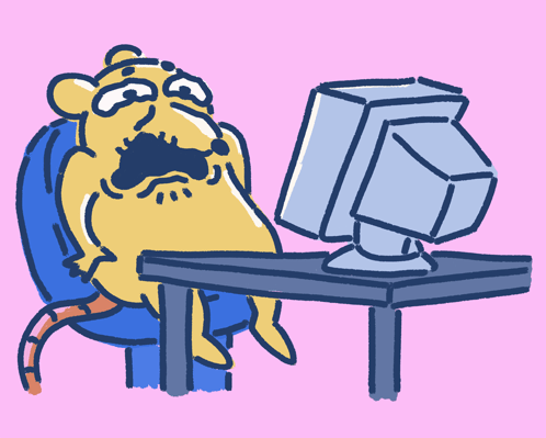 a cartoon of a mouse sitting at a desk looking at a computer screen