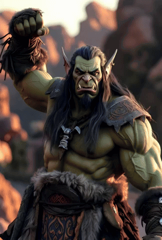 a green orc with long hair and a beard holds his fist up