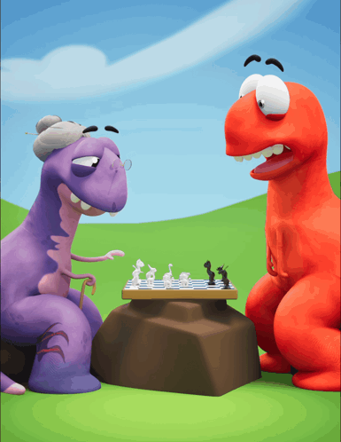 two dinosaurs are playing a game of chess on a table