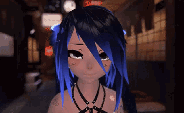 a girl with blue hair has a tattoo on her face that says ' 山 '