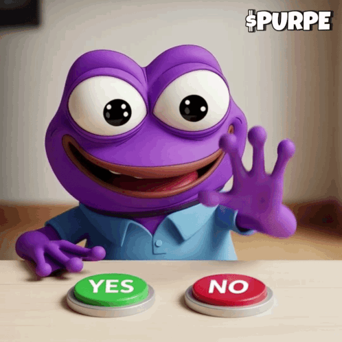 A purple cartoon creature reaches toward green YES and red NO buttons.