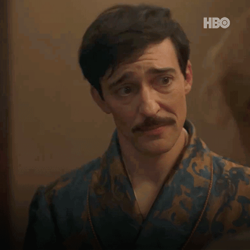 Oscar Van Rhijn from The Gilded Age looks pained and uneasy, with an HBO watermark.