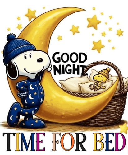 Snoopy sleeps in a moon cradle with “Good Night” and “Time for Bed.”