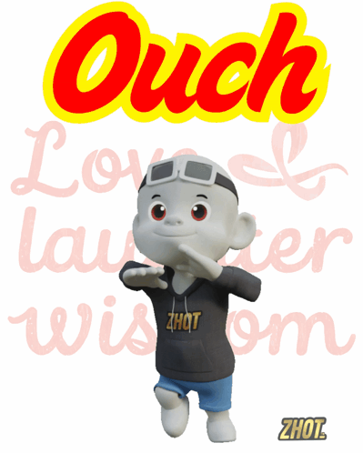 A gray cartoon cat stands beneath colorful “Ouch” lettering.