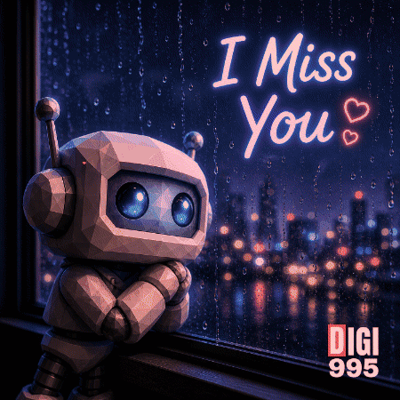 a robot looking out a window with the words " i miss you " on it