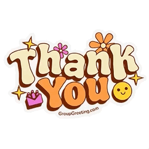 Retro orange-and-brown bubble lettering spells “Thank You” with flowers and stars.