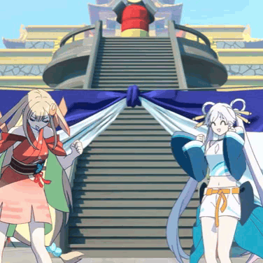 a couple of anime girls standing in front of a building