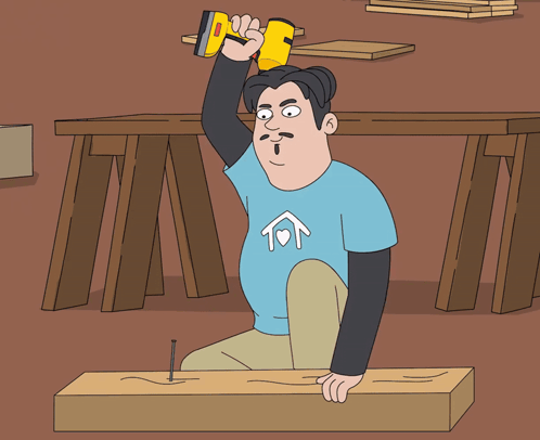 a cartoon of a man using a drill and wearing a blue shirt with a house on it