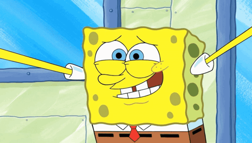 SpongeBob smiles wide-eyed while holding his hands out under “PLEASE.”