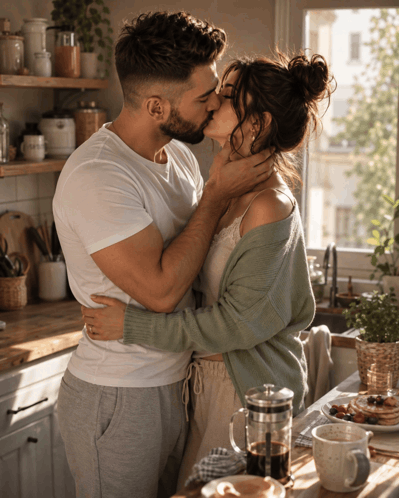 A couple kisses while standing together in a sunlit kitchen.