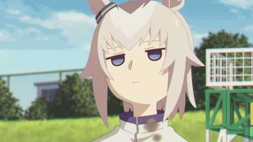 a cartoon character with white hair and a blue eye