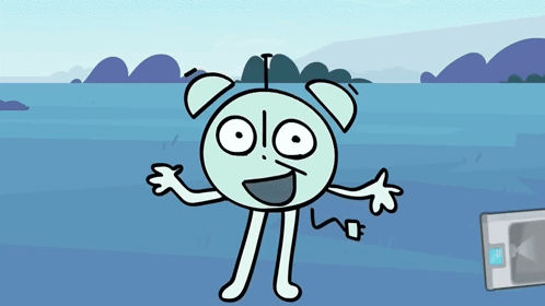 a cartoon drawing of an alarm clock with a microwave in the background