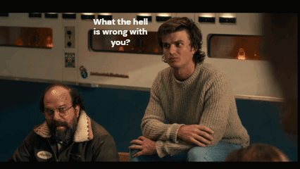 two men sitting next to each other with the words " what the hell is wrong with you "