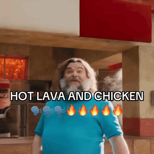 a man with a beard is standing in front of a sign that says hot lava and chicken