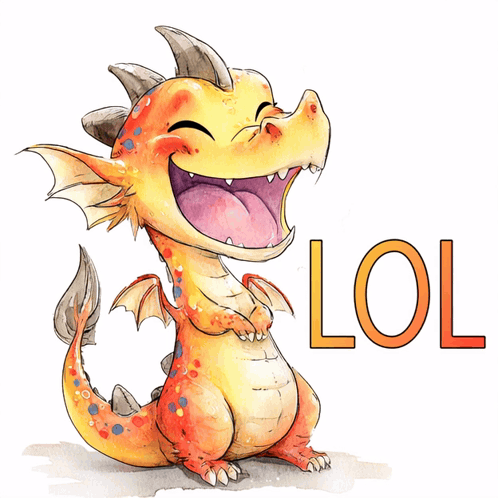 a cartoon of a dragon laughing with the word lol behind it