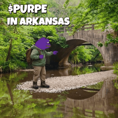 a cartoon of a person pointing at a bridge with the words purpe in arkansas