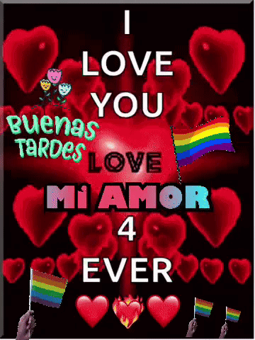 a poster that says ' i love you buenas tardes love mi amor 4 ever ' on it