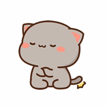 Goma the gray cartoon cat sits with eyes closed and paws together.