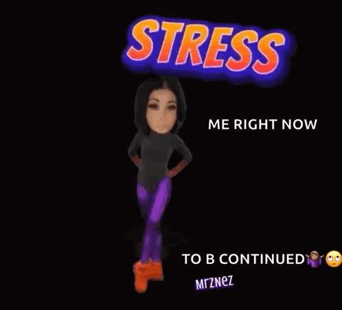 A stylized avatar stands beneath large “STRESS” text on a dark background.