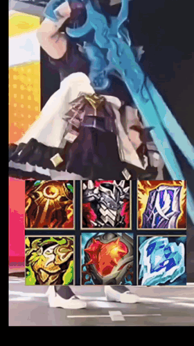 A tall League of Legends character stands over a busy collage of colorful game art.