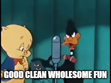 a cartoon of a pig and a duck singing into a microphone with the words `` good clean wholesome fun '' below them .