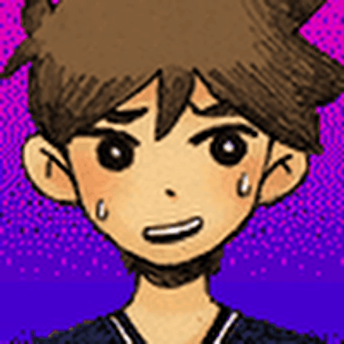 Hero from Omori smiles nervously while sweat drops appear on his face.