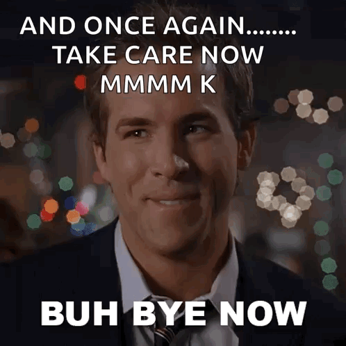 A man smiles against city lights with “BUH BYE NOW” text.
