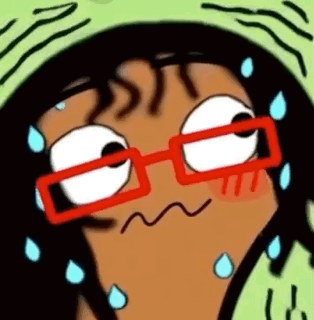 a cartoon character wearing red glasses and a green hat is making a funny face .
